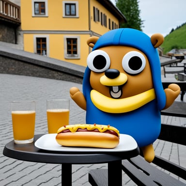 Go Blue Gopher is seen enjoying a Danish hotdog on a terrace in Switzerland.