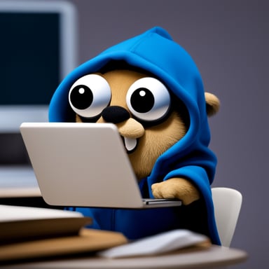 Go Blue Gopher, the hacker with a hoodie, sitting at a desk with a notebook.