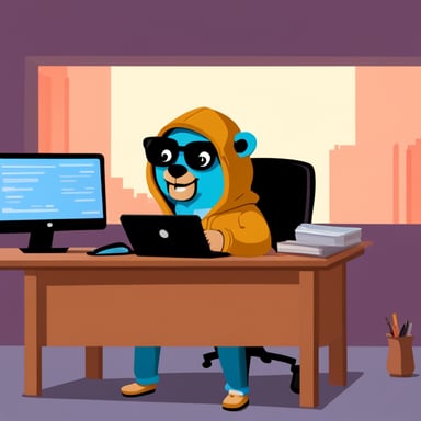 Go Blue Gopher, the hacker with a hoodie, sitting at a desk with a notebook.