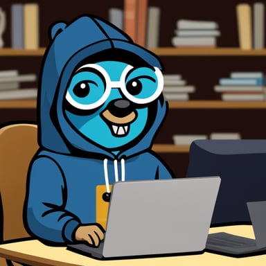 Go Blue Gopher, the hacker with a hoodie, sitting at a desk with a notebook.