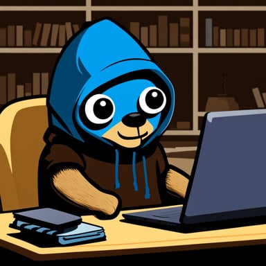Go Blue Gopher, the hacker with a hoodie, sitting at a desk with a notebook.