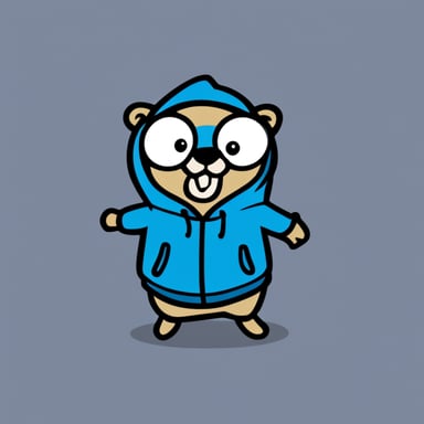 Go Blue Gopher is a smart-looking gopher with a blue hoodie coding.