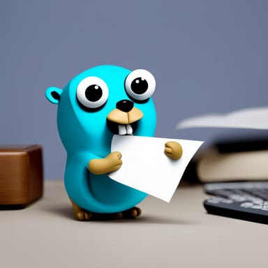 Go Blue Gopher is biting a paper full of code.