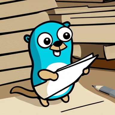 Go Blue Gopher is biting a paper full of code.