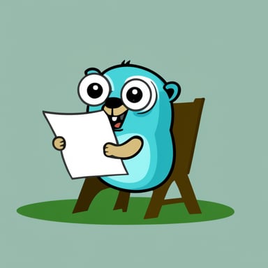Go Blue Gopher is biting a paper full of code.