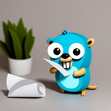 Go Blue Gopher is biting a paper full of code.