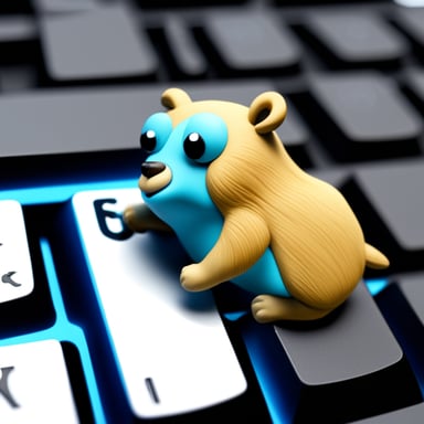 Ultra photo-realistic Go Blue Gopher writing on a computer keyboard.
