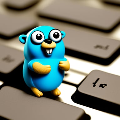 Ultra photo-realistic Go Blue Gopher writing on a computer keyboard.