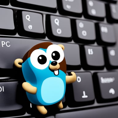 Ultra photo-realistic Go Blue Gopher writing on a computer keyboard.