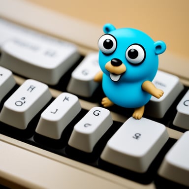 Ultra photo-realistic Go Blue Gopher writing on a computer keyboard.