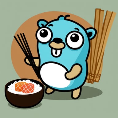 Go Blue Gopher with a large sushi and chopsticks