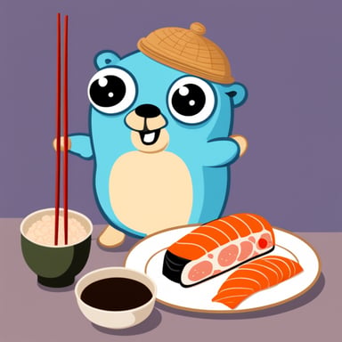 Go Blue Gopher with a large sushi and chopsticks