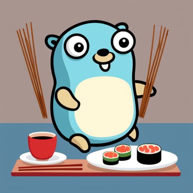 Go Blue Gopher with a large sushi and chopsticks
