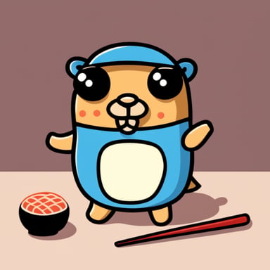 Go Blue Gopher with a large sushi and chopsticks