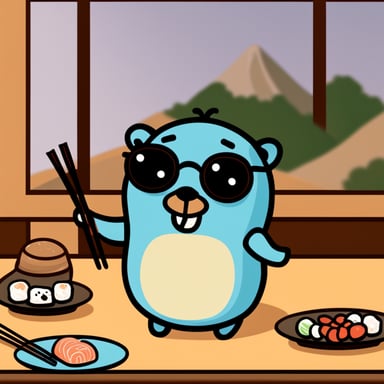 Go Blue Gopher at a Japanese restaurant eating sushi with a pair of chopsticks.