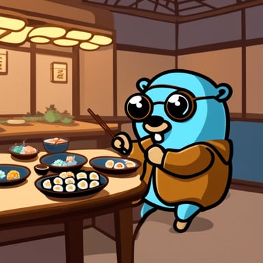 Go Blue Gopher at a Japanese restaurant eating sushi with a pair of chopsticks.