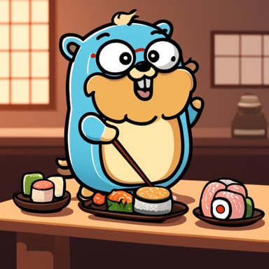 Go Blue Gopher at a Japanese restaurant eating sushi with a pair of chopsticks.