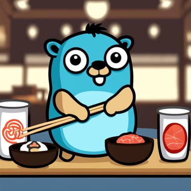 Go Blue Gopher at a Japanese restaurant eating sushi with a pair of chopsticks.