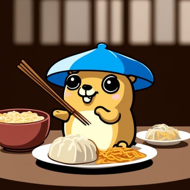 Go Blue Gopher at a Japanese restaurant enjoying dumplings with chopsticks.