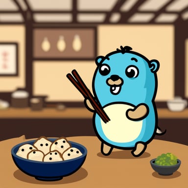Go Blue Gopher at a Japanese restaurant enjoying dumplings with chopsticks.