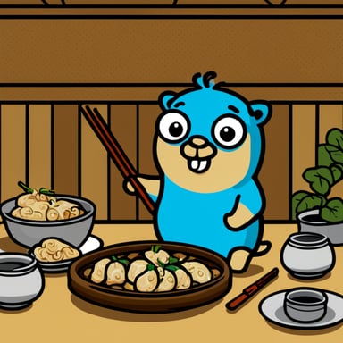 Go Blue Gopher at a Japanese restaurant enjoying dumplings with chopsticks.