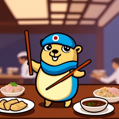 Go Blue Gopher at a Japanese restaurant enjoying dumplings with chopsticks.