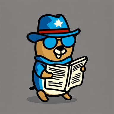 Go Blue Gopher, wearing a cap, smoking a pipe, and reading the newspaper.