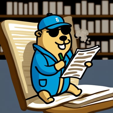 Go Blue Gopher, wearing a cap, smoking a pipe, and reading the newspaper.