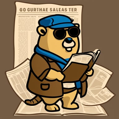 Go Blue Gopher, wearing a cap, smoking a pipe, and reading the newspaper.