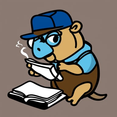 Go Blue Gopher, wearing a cap, smoking a pipe, and reading the newspaper.