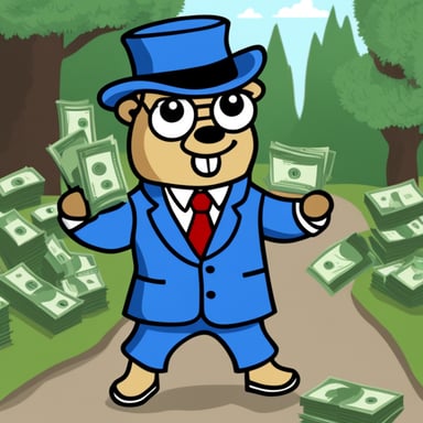 Go Blue Gopher dressed as a TV show director is holding money. The scene does not have a background.