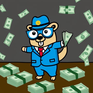 Go Blue Gopher dressed as a TV show director is holding money. The scene does not have a background.