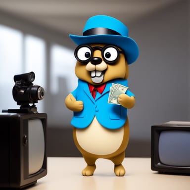 Go Blue Gopher dressed as a TV show director is holding money. The scene does not have a background.