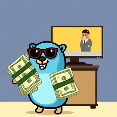 Go Blue Gopher dressed as a TV show director is holding money. The scene does not have a background.