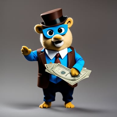 Go Blue Gopher dressed as a TV show director, holding dollar bills and not wearing a hat, with no background in the scene.