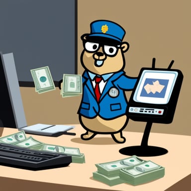 Go Blue Gopher dressed as a TV show director, holding dollar bills and not wearing a hat, with no background in the scene.