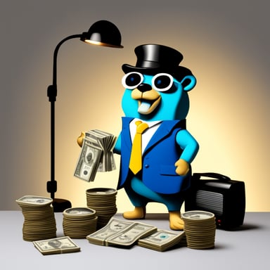 Go Blue Gopher dressed as a TV show director, holding dollar bills and not wearing a hat, with no background in the scene.