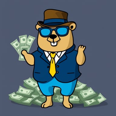 Go Blue Gopher dressed as a TV show director, holding dollar bills and not wearing a hat, with no background in the scene.