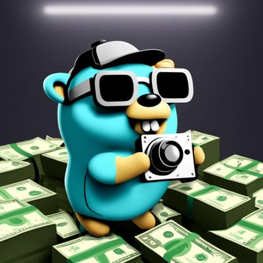 Go Blue Gopher is operating a cinema camera while wearing a headset and holding money, with a solid color in the background.