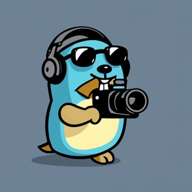 Go Blue Gopher is operating a cinema camera while wearing a headset and holding money, with a solid color in the background.
