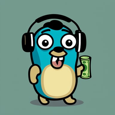 Go Blue Gopher is operating a cinema camera while wearing a headset and holding money, with a solid color in the background.