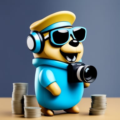Go Blue Gopher is operating a cinema camera while wearing a headset and holding money, with a solid color in the background.