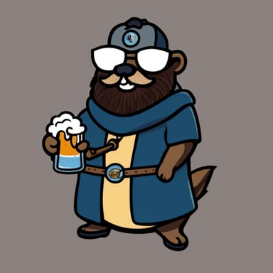 Bearded black Go Blue Gopher wearing a metal band t-shirt, holding an IPA beer.