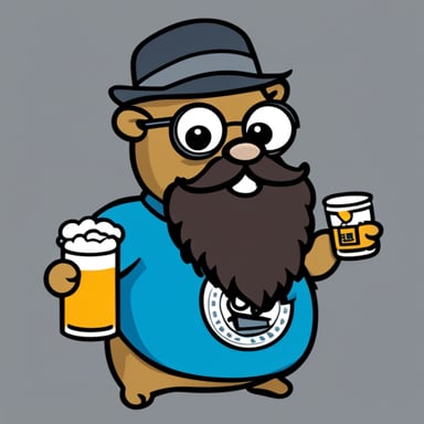 Bearded black Go Blue Gopher wearing a metal band t-shirt, holding an IPA beer.