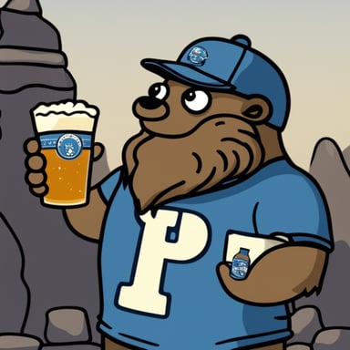 Bearded black Go Blue Gopher wearing a metal band t-shirt, holding an IPA beer.