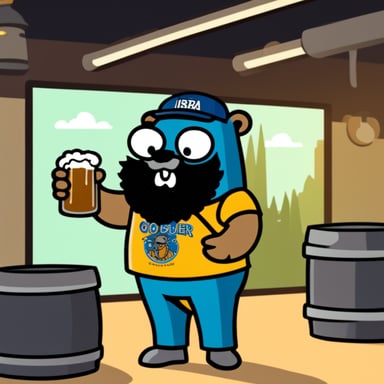 Bearded black Go Blue Gopher wearing a metal band t-shirt, holding an IPA beer.
