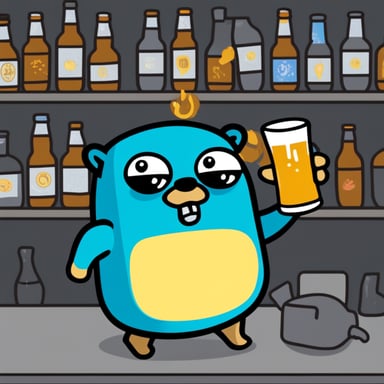 Go blue gopher holds a beer at a death metal concert, looking angry.