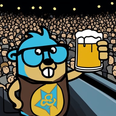 Go blue gopher holds a beer at a death metal concert, looking angry.