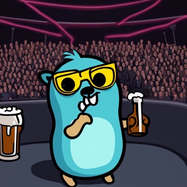 Go blue gopher holds a beer at a death metal concert, looking angry.