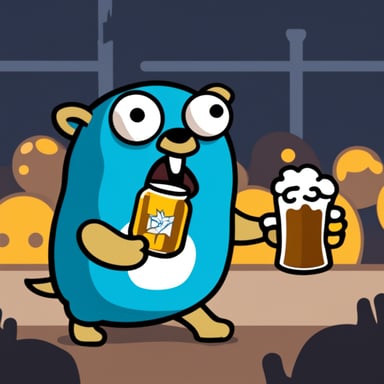 Go blue gopher holds a beer at a death metal concert, looking angry.